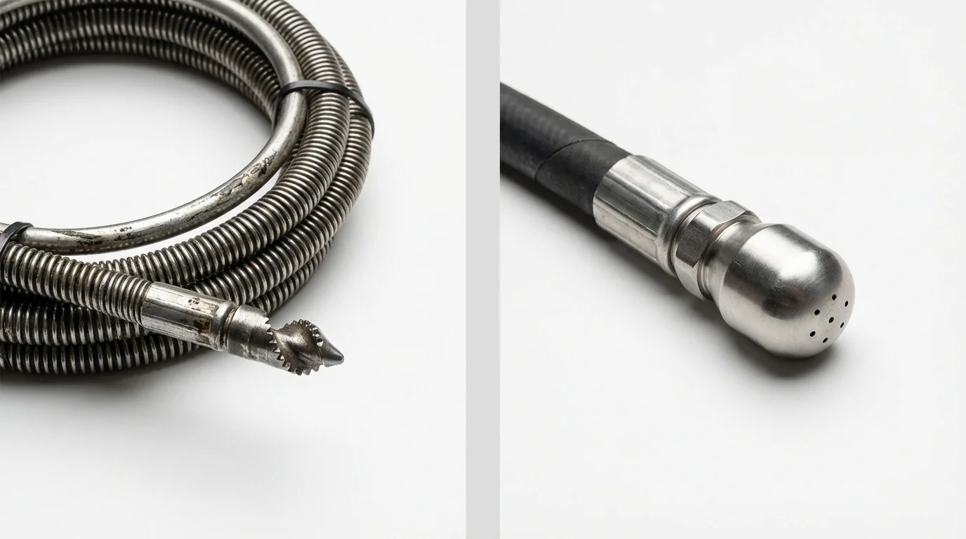 Drain snake cable and hydro jetting nozzle used for drain cleaning in Redlands, CA