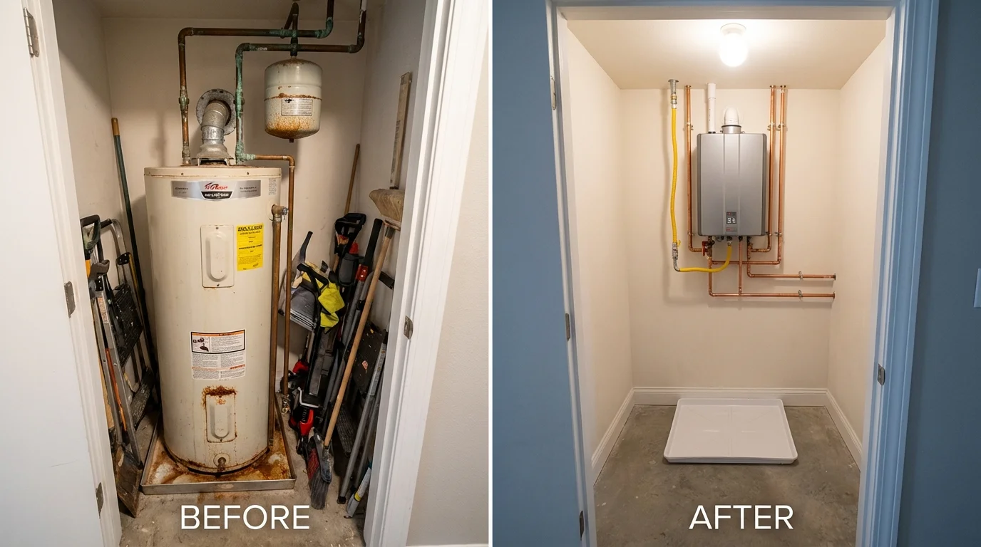 Tank water heater versus wall-mounted tankless unit comparison for Redlands, CA homeowners