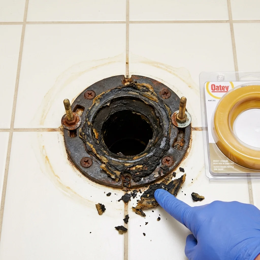Failed wax ring showing water seepage at the base of a toilet in a Redlands, CA home