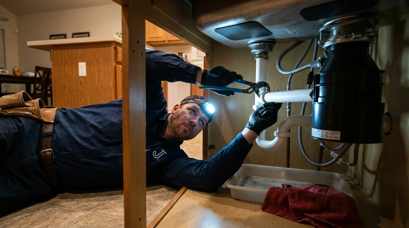 P-trap and supply line connections under a kitchen sink showing a common leak point in Redlands, CA